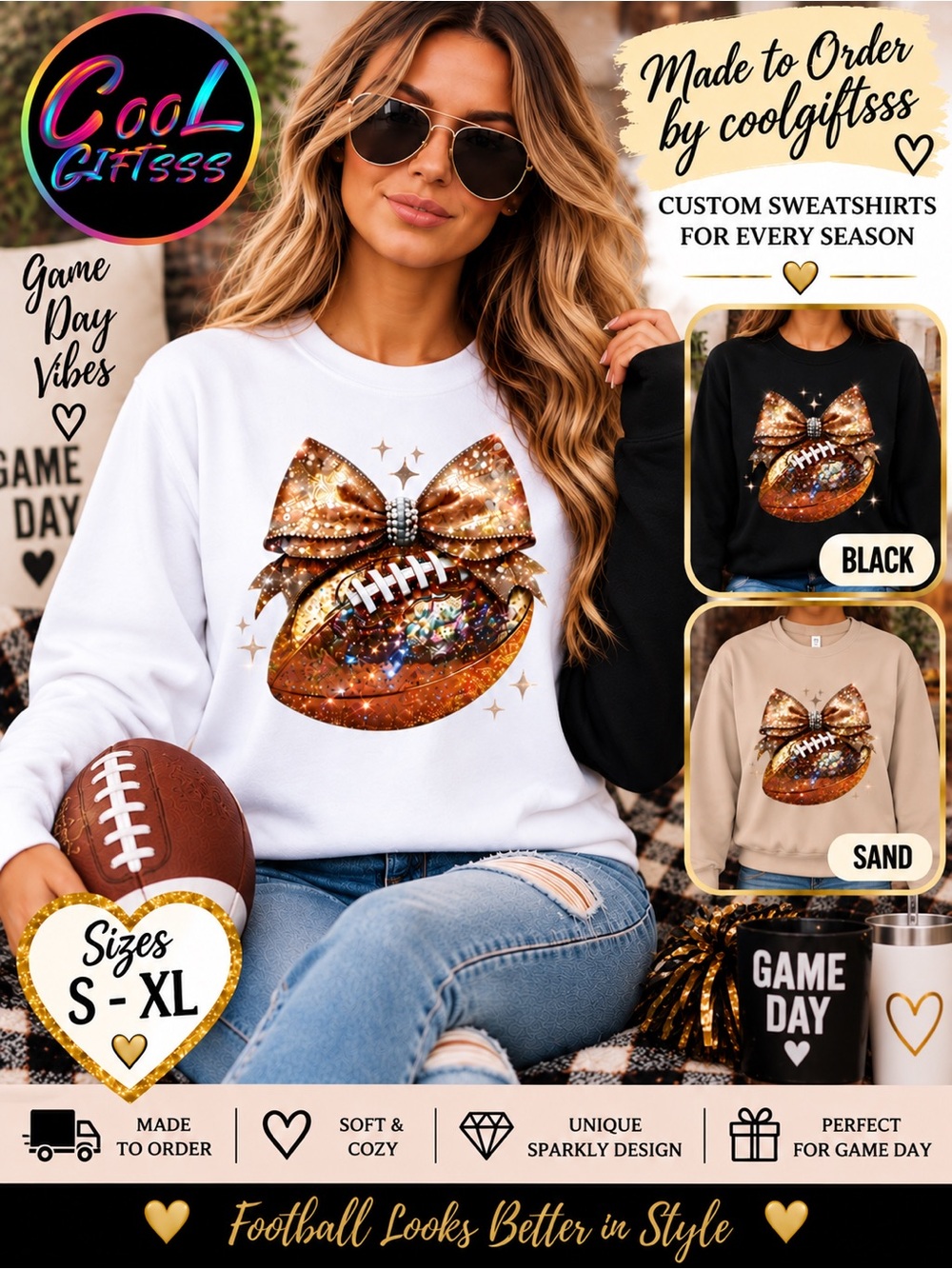 Football Graphic Sweatshirt Sparkle Bow Game Day Shirt | Women’s S–XL Black